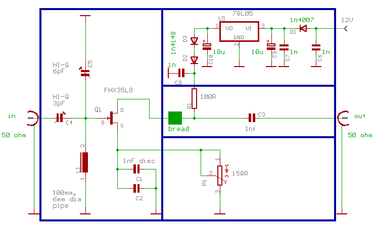 Schematic of 432MHz low noise preamp